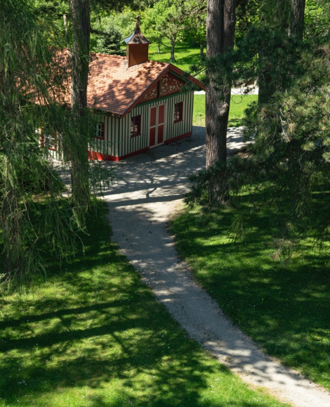 Das Chauffeurhaus, ein Holzbau im Garten der Villa mit alten Nadelbäumen im Vordergrund